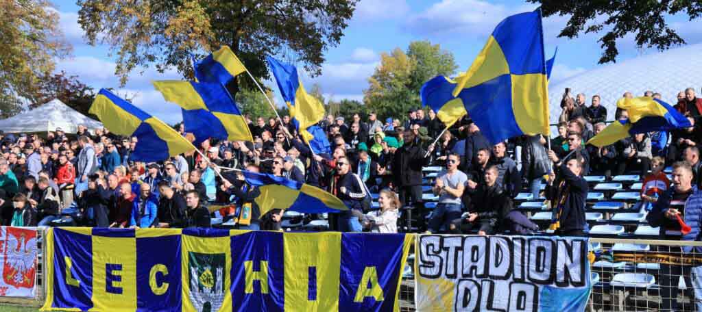 Kibice z flagami na trybunach