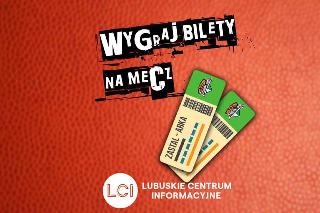 Grafika na konkurs przede meczem Zastalu z Arką. Na grafice znajduje się hasło "wygraj bilety na mecz" oraz dwa bilety z nazwami drużyn.
