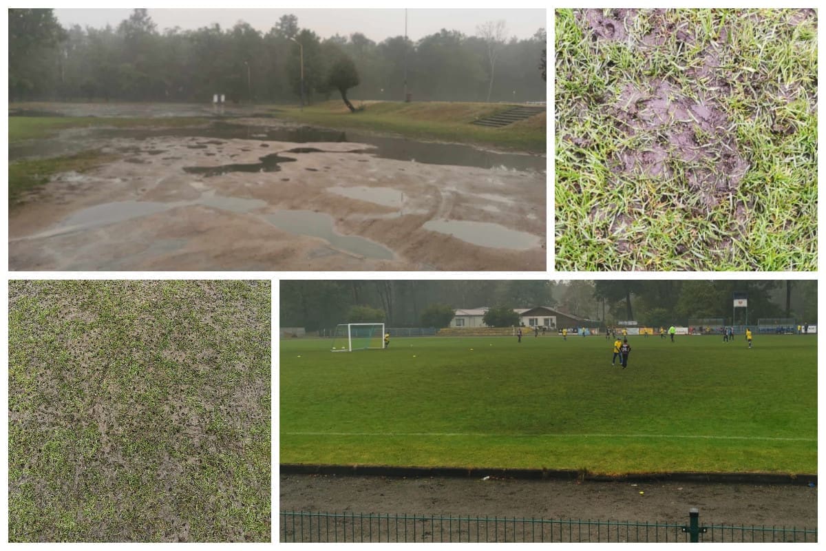 Kolaż ze zdjęć zniszczonego boiska piłkarskiego  Lubuszanin ma poważny problem Dostał warunkową licencję do końca rundy