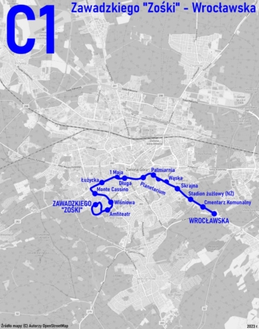 Mapa trasy linii autobusowej