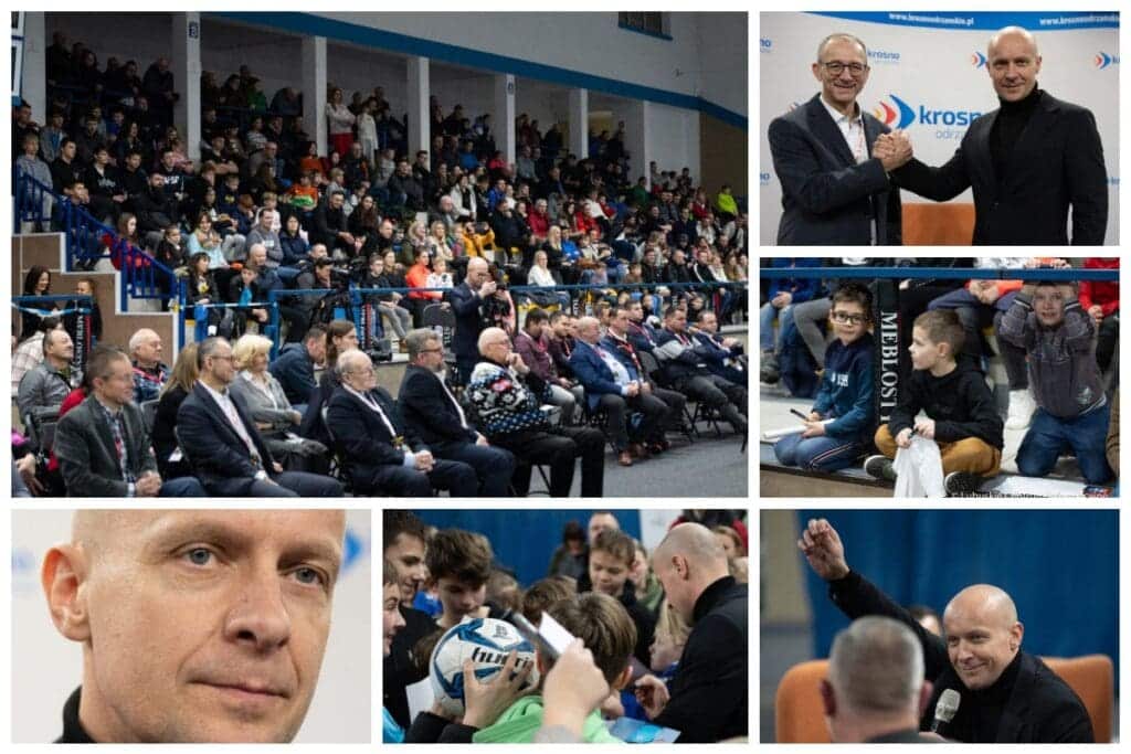 Kolaż zdjęciowy ze spotkania w hali sportowej