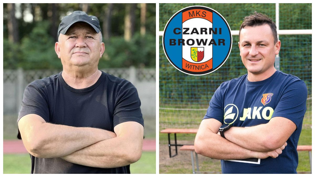 Kolaż ze zdjęć dwóch mężczyzn z założonymi rękami  Wójcik za Burzawę Czarni Browar Witnica zmieniają trenera