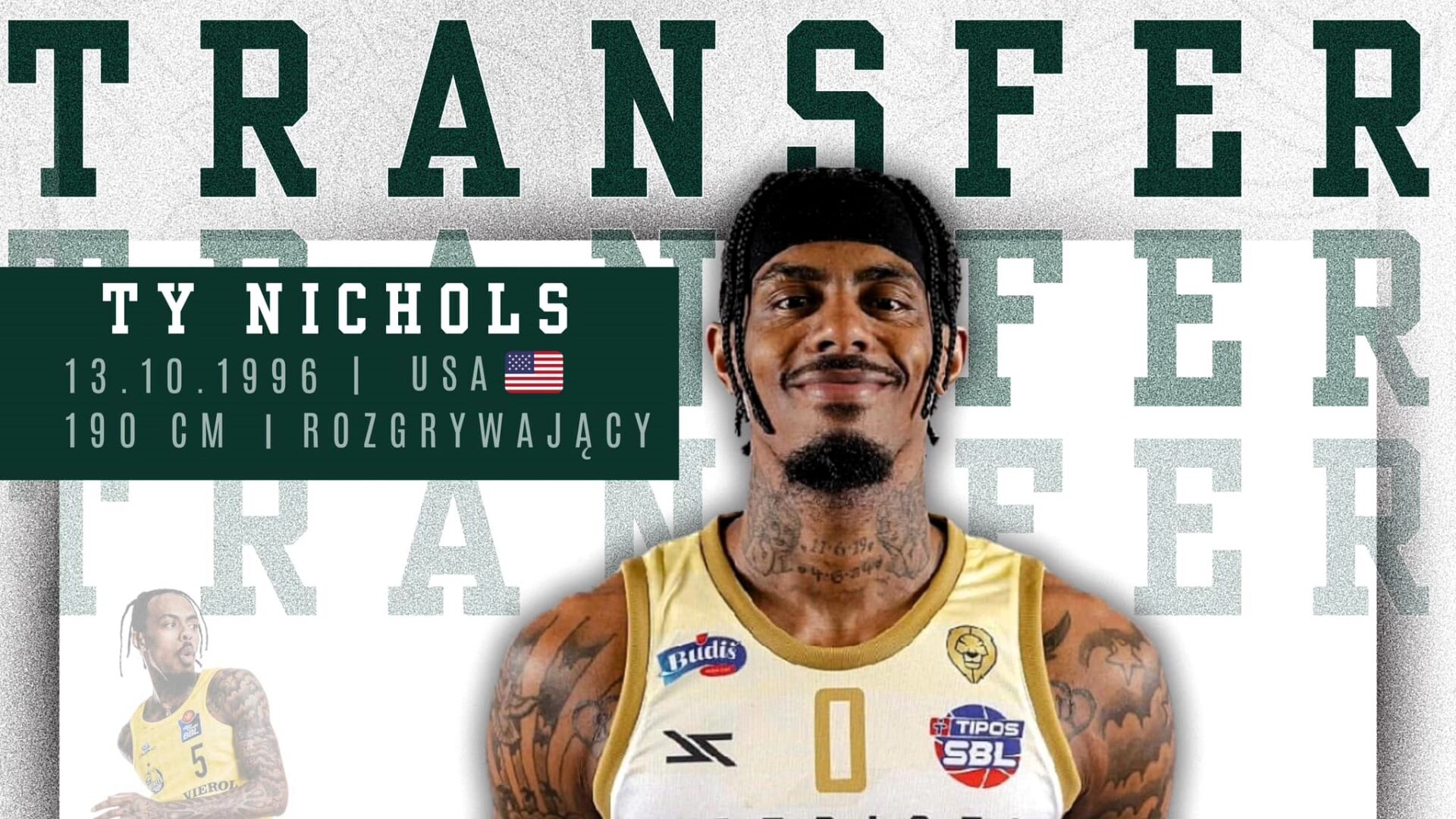 Ty Nichols Grafika z wizerunkiem mężczyzny w sportowej koszulce i napisem Transfer Ty Nichols nowym koszykarzem Zastalu Ma wejść w buty Waltera Hodgea