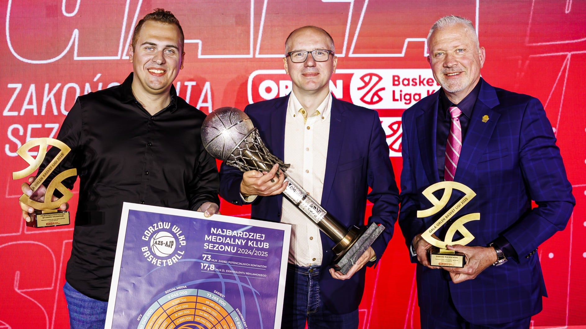 Trzech uśmiechniętych mężczyzn z trofeami  Maciejewski najlepszym trenerem AZS AJP najbardziej medialnym klubem