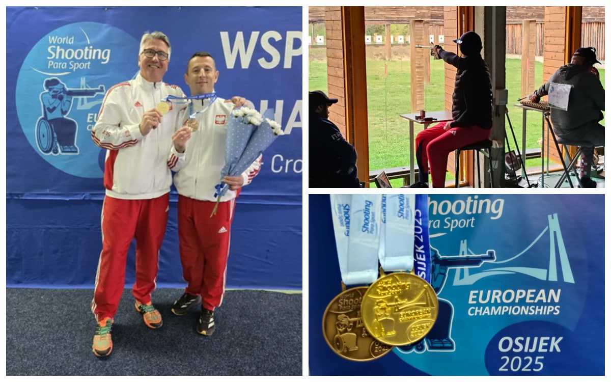 Szymon Sowiński Kolaż ze zdjęć mężczyzn w sportowych strojach i medali Komplet medali Szymona Sowińskiego na mistrzostwach Europy