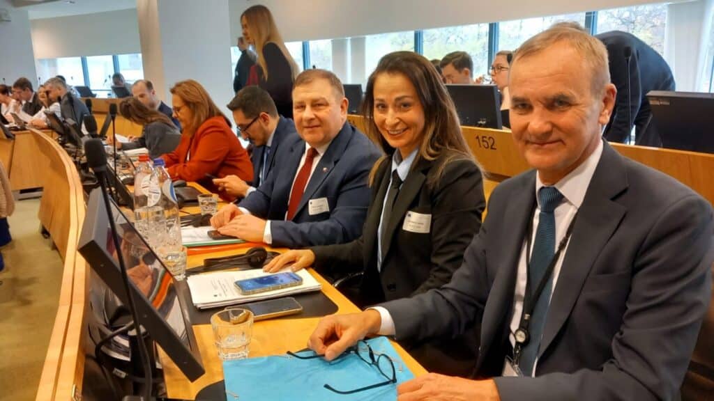 Uśmiechnięte osoby w garniturach