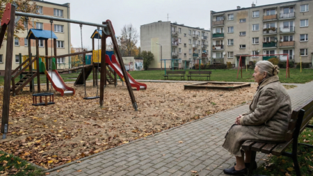 Nowa Sól się wyludnia Starsza kobieta siedzi na ławce naprzeciw pustego placu zabaw