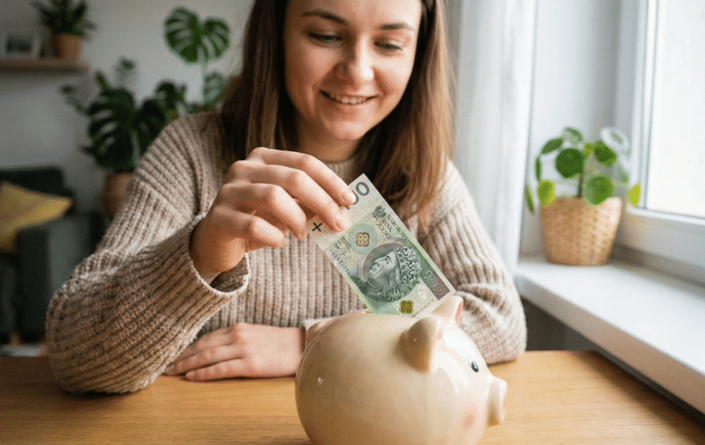 Kobieta wrzuca pieniądze do skarbonki