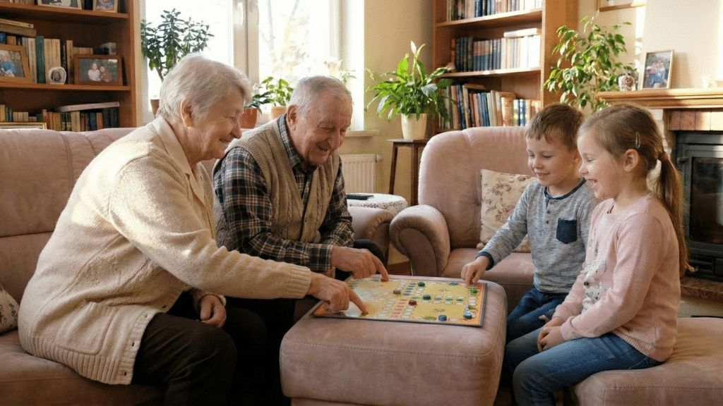 Na zdjęciu dziadkowie z wnukami spędzają czas przy grze planszowej