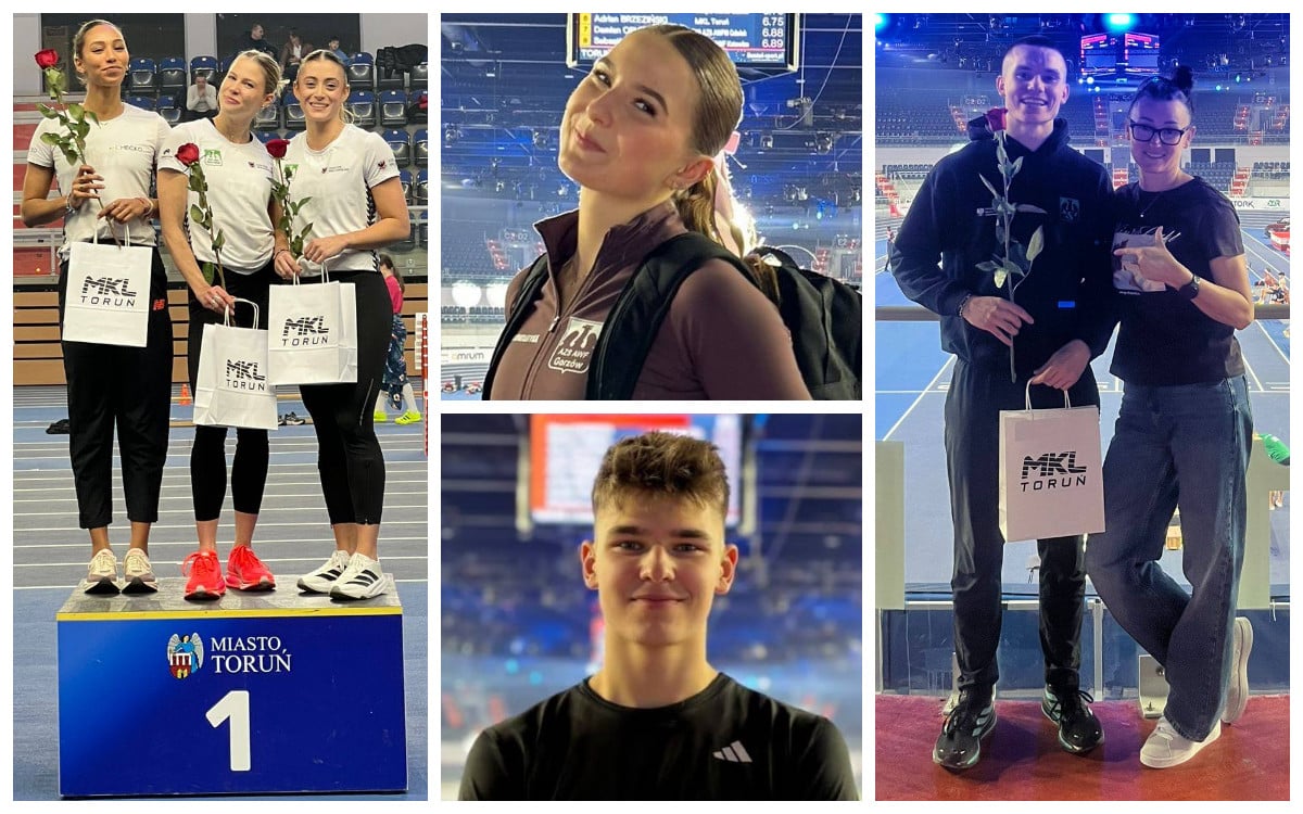 Grupa uśmiechniętych młodych sportowców  Płotki po gorzowsku Na podium Kaja Marika i Amelia