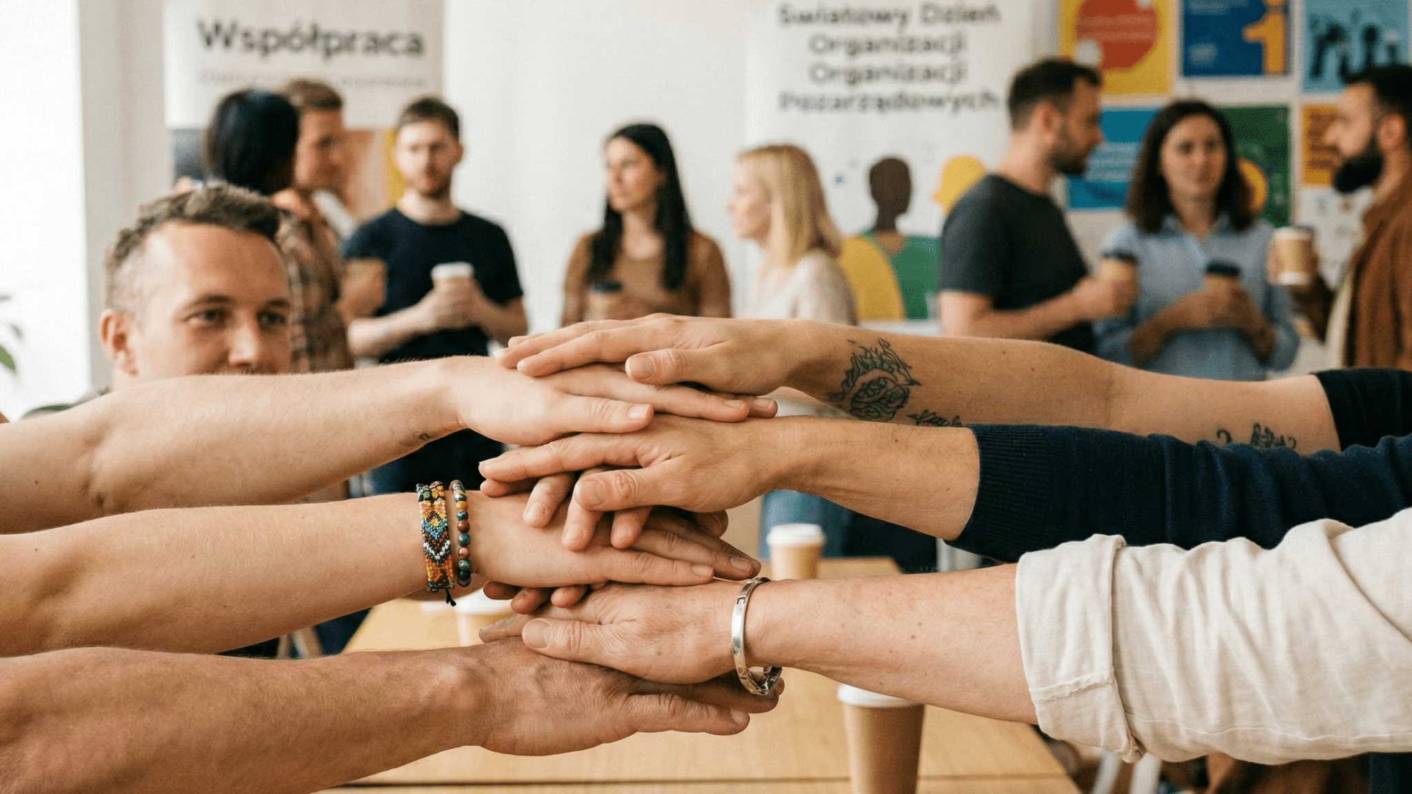 Dłonie leżące jedna na drugiej symbolizujące współpracę  Każdego dnia zmieniają świat Dziś święto organizacji pozarządowych