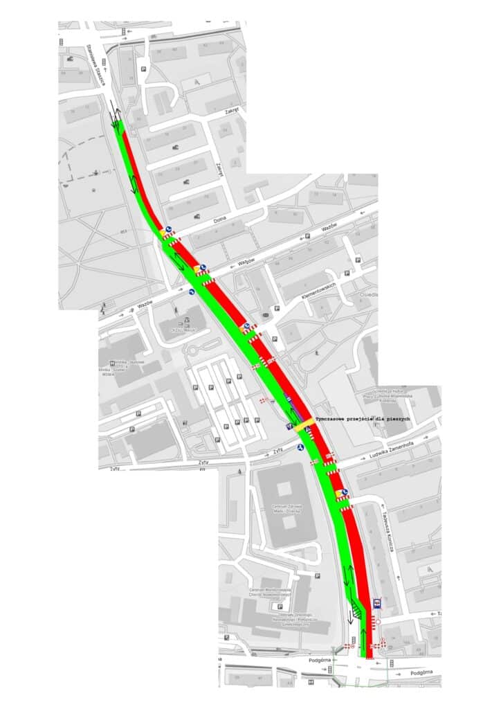 Mapa ze zmianami w organizacji ruchu na ul Waryńskiego Fot Ul Waryńskiego w Zielonej Górze Fot zielona gorapl